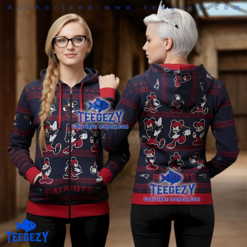 New England Patriots Mickey Mouse Pattern Ugly Christmas 3D Hoodie