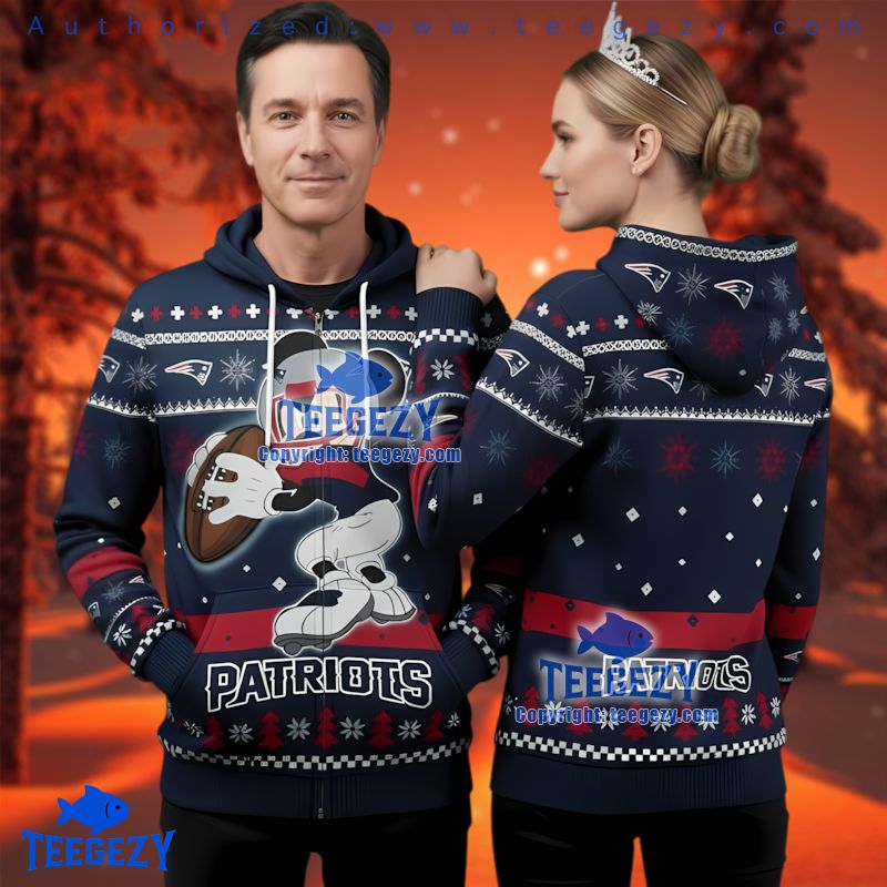 New England Patriots Mickey Mouse Ugly Christmas 3D Zip Up Hoodie
