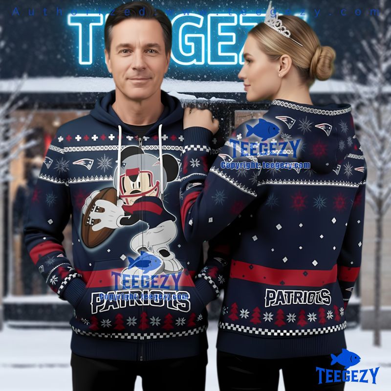 New England Patriots Mickey Mouse Ugly Christmas 3D Zip Up Hoodie New England Patriots Mickey Mouse Ugly Christmas 3D Zip Up Hoodie