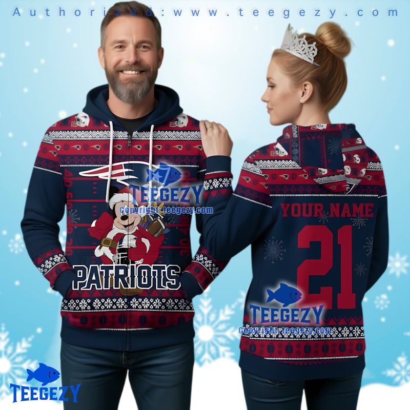 New England Patriots Personalized Mickey Santa Ugly Christmas 3D Hoodie