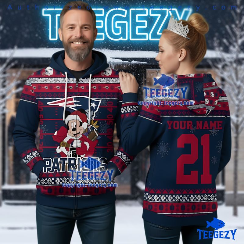 New England Patriots Personalized Mickey Santa Ugly Christmas 3D Hoodie New England Patriots Personalized Mickey Santa Ugly Christmas 3D Hoodie