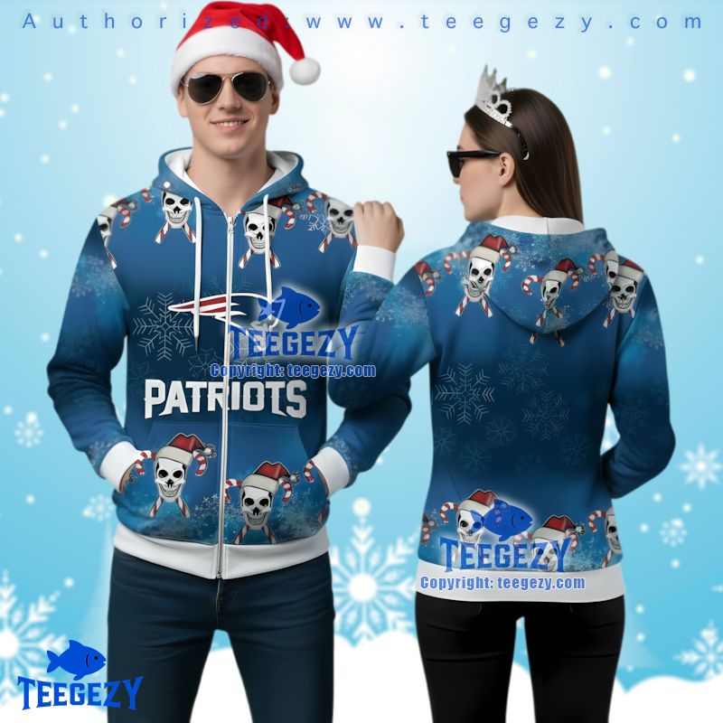 New England Patriots Skull Candy Cane Ugly Christmas 3D Hoodie