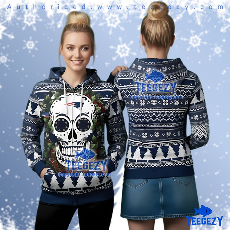 New England Patriots Skull Flower Ugly Christmas 3D Hoodie