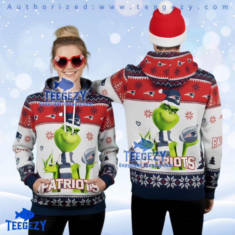 New England Patriots The Grinch Ugly Christmas 3D Hoodie White Red Blue