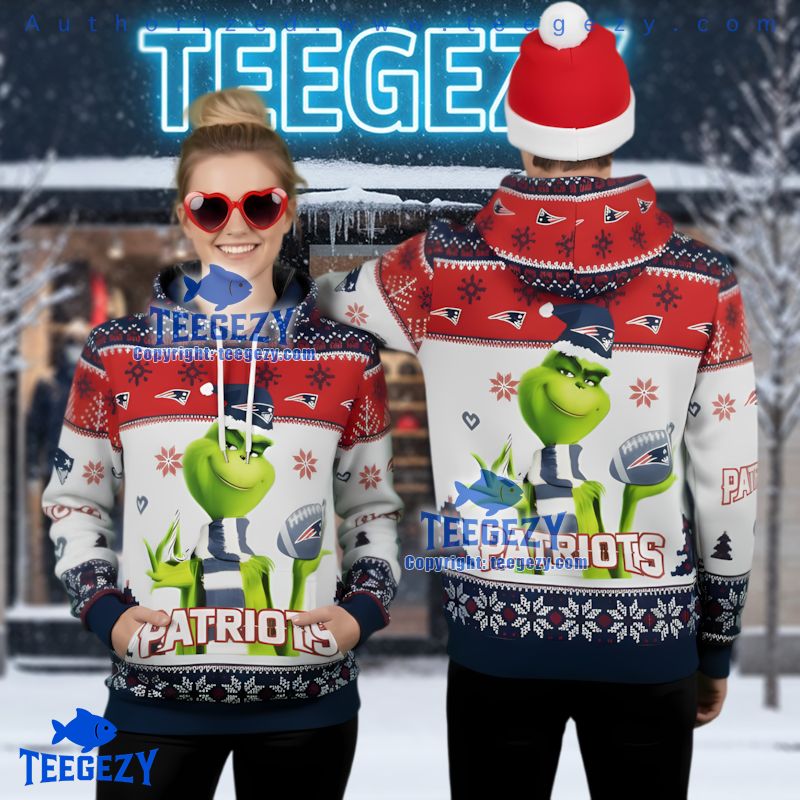 New England Patriots The Grinch Ugly Christmas 3D Hoodie White Red Blue New England Patriots The Grinch Ugly Christmas 3D Hoodie White Red Blue