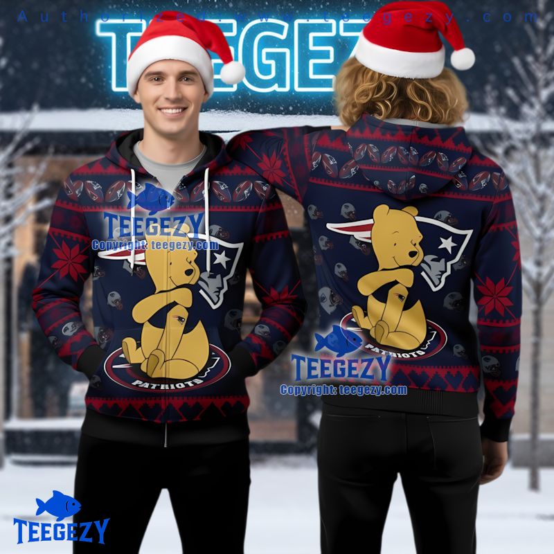 New England Patriots Winnie The Pooh Ugly Christmas 3D Hoodie New England Patriots Winnie The Pooh Ugly Christmas 3D Hoodie