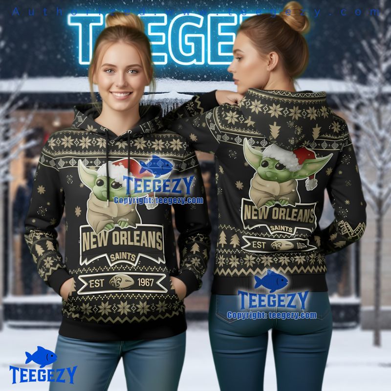 New Orleans Saints Baby Yoda Ugly Christmas 3D Hoodie The Mandalorian Grogu New Orleans Saints Baby Yoda Ugly Christmas 3D Hoodie The Mandalorian Grogu