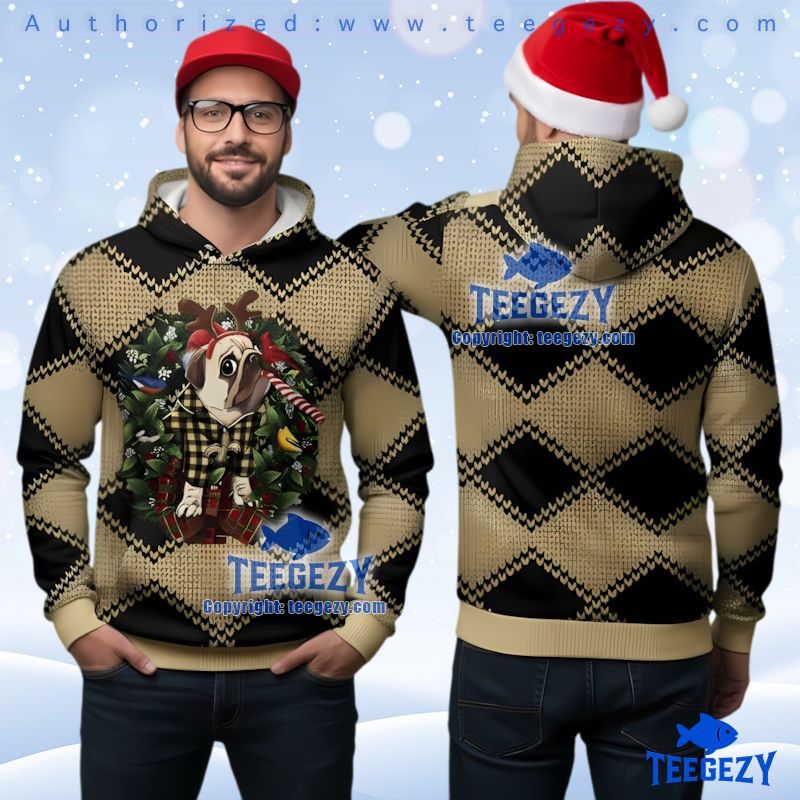 New Orleans Saints Cute Pug Reindeer Ugly Christmas 3D Hoodie