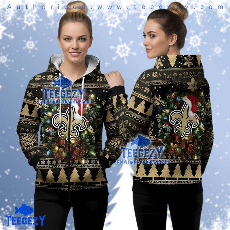 New Orleans Saints Festive Wreath Lights Ugly Christmas 3D Hoodie