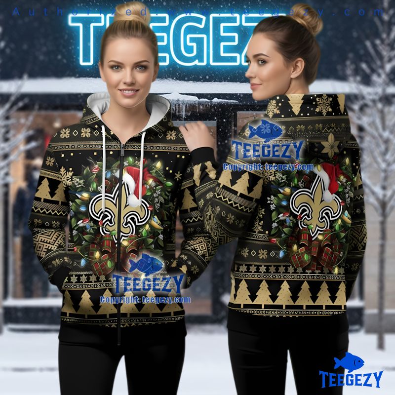 New Orleans Saints Festive Wreath Lights Ugly Christmas 3D Hoodie New Orleans Saints Festive Wreath Lights Ugly Christmas 3D Hoodie