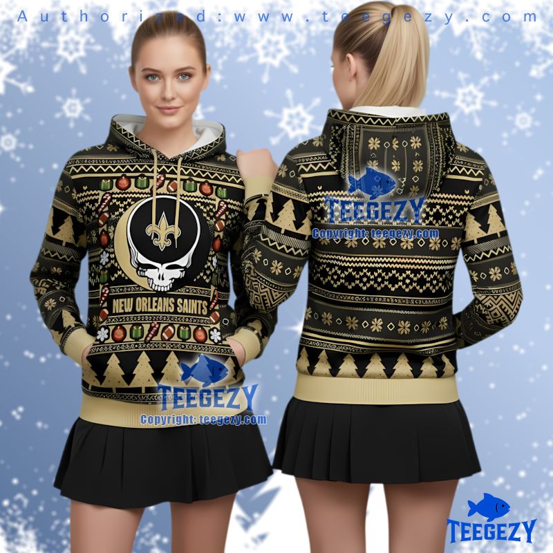 New Orleans Saints Grateful Dead Ugly Christmas 3D Hoodie Stealie Skull