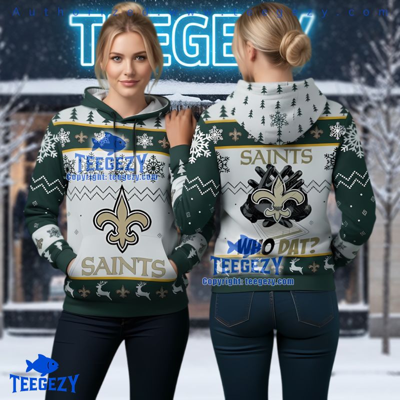 New Orleans Saints Green White Ugly Christmas 3D Hoodie Who Dat New Orleans Saints Green White Ugly Christmas 3D Hoodie Who Dat