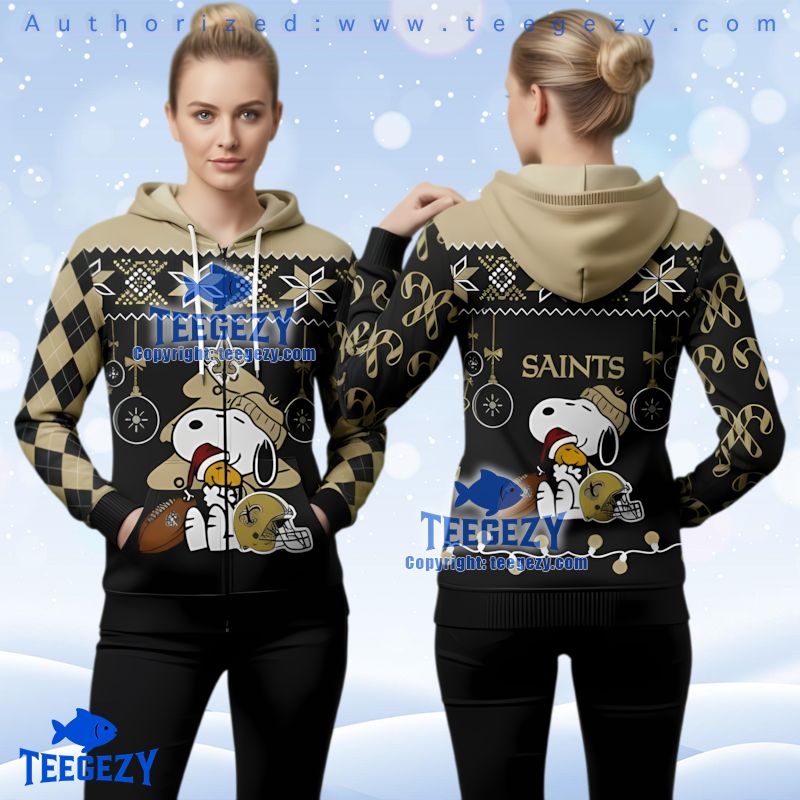 New Orleans Saints Peanuts Characters Christmas 3D Zip Up Hoodie