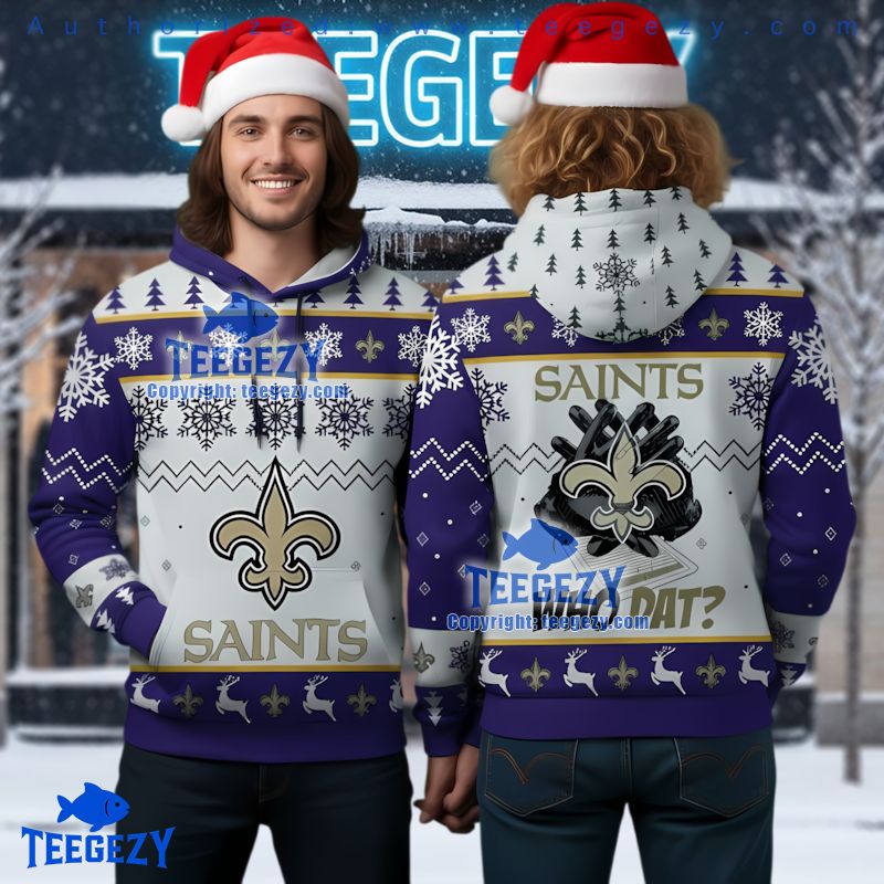 New Orleans Saints White Purple Who Dat Ugly Christmas 3D Hoodie New Orleans Saints White Purple Who Dat Ugly Christmas 3D Hoodie
