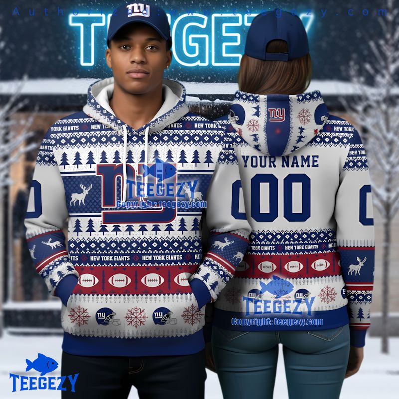 New York Giants Custom Name Number Ugly Christmas 3D Hoodie New York Giants Custom Name Number Ugly Christmas 3D Hoodie