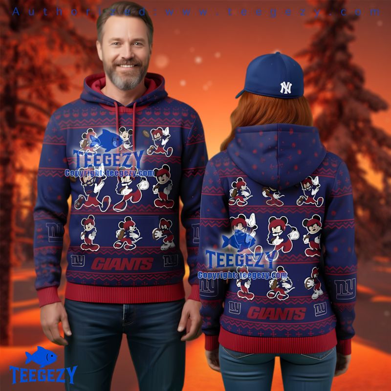 New York Giants Festive Mickey Mouse Pattern Ugly Christmas 3D Hoodie
