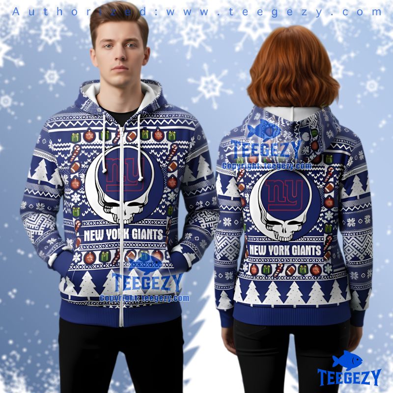 New York Giants Grateful Dead Ugly Christmas 3D Zip Up Hoodie