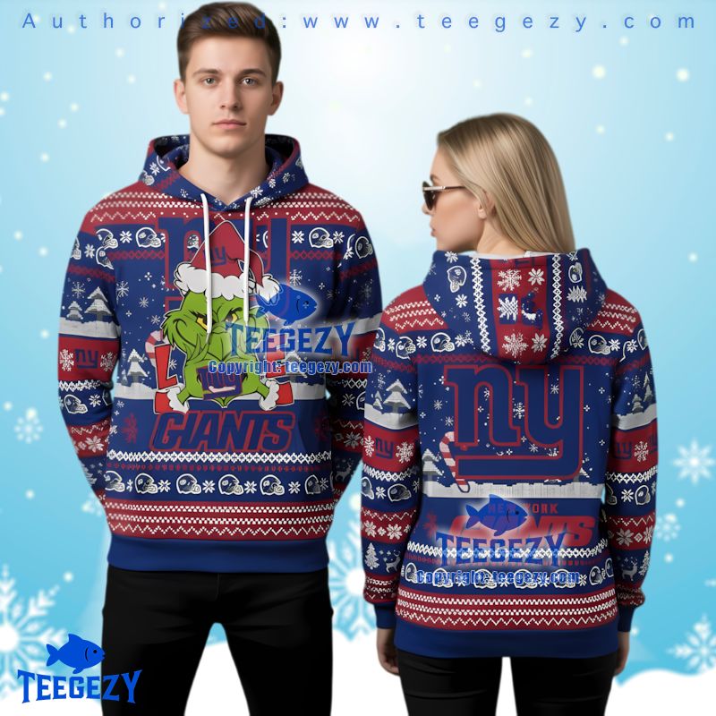 New York Giants Grinch Face Ugly Christmas 3D Pullover Hoodie