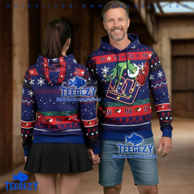 New York Giants Grinch Stole Christmas Light Ugly 3D Pullover Hoodie