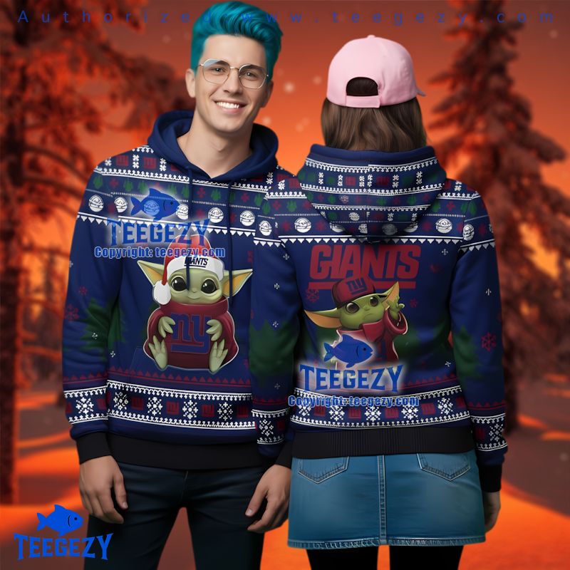 New York Giants Grogu Festive Santa Hat Ugly Christmas 3D Hoodie