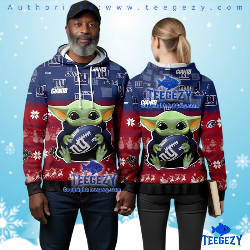 New York Giants Star Wars Grogu Holding Ball Ugly Christmas 3D Pullover Hoodie