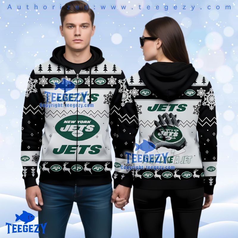 New York Jets Black White Christmas Pattern Ugly 3D Hoodie Zip Up