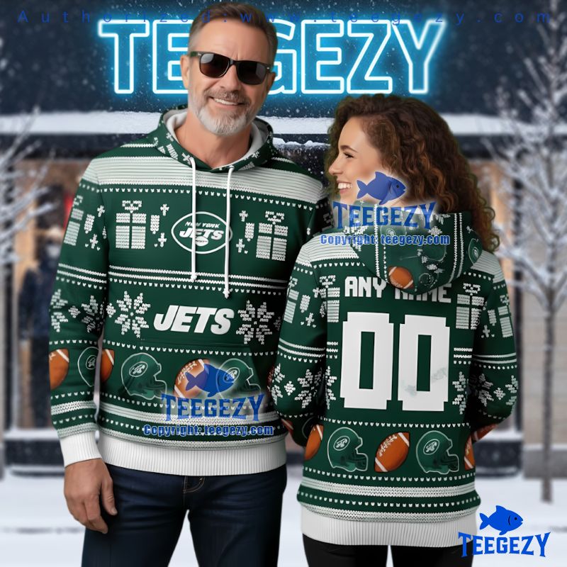 New York Jets Custom Name Number Ugly Christmas 3D Hoodie New York Jets Custom Name Number Ugly Christmas 3D Hoodie