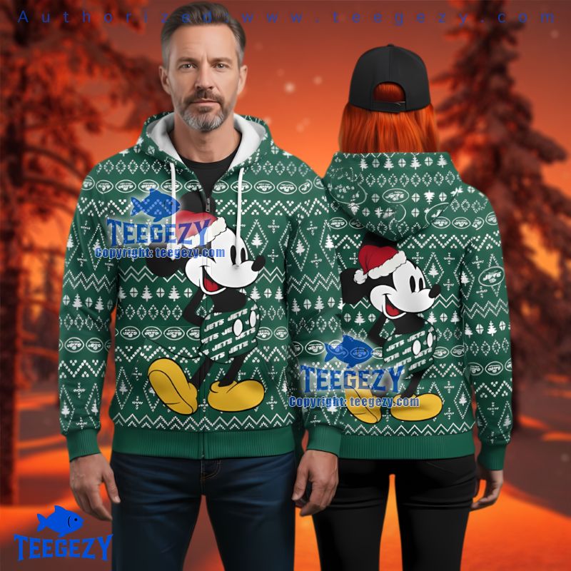 New York Jets Disney Mickey Mouse Christmas Hat Ugly 3D Zip Hoodie