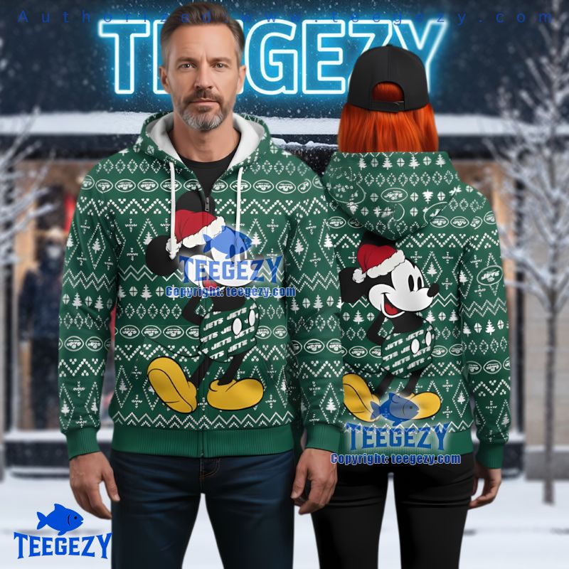 New York Jets Disney Mickey Mouse Christmas Hat Ugly 3D Zip Hoodie New York Jets Disney Mickey Mouse Christmas Hat Ugly 3D Zip Hoodie