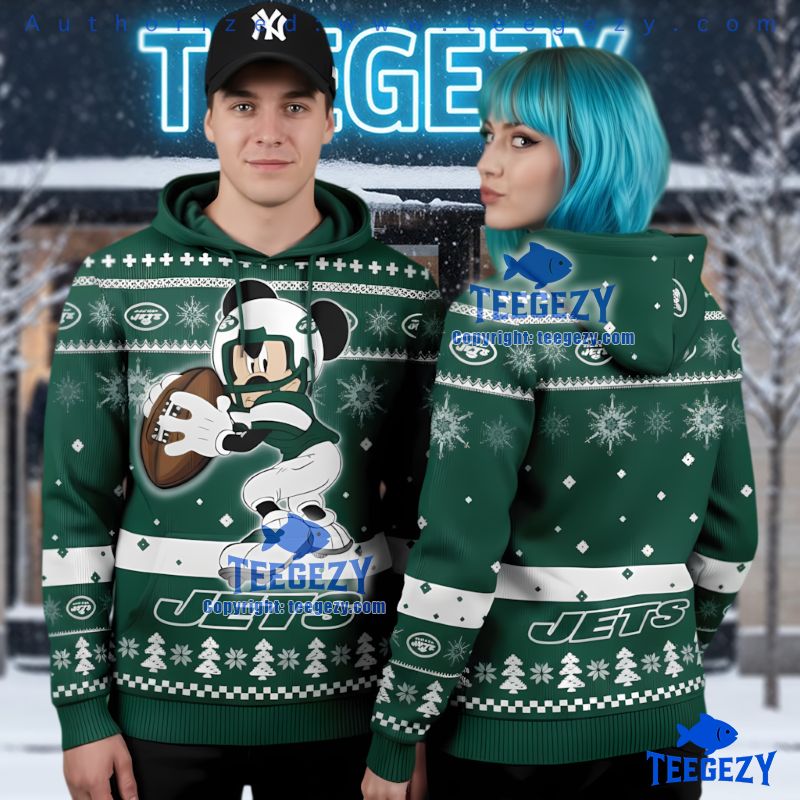New York Jets Disney Mickey Mouse Football Ugly Christmas 3D Hoodie New York Jets Disney Mickey Mouse Football Ugly Christmas 3D Hoodie