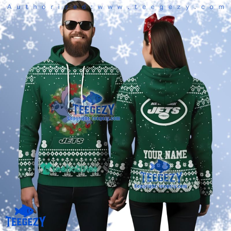 New York Jets Disney Stitch Wreath Ugly Christmas 3D Hoodie