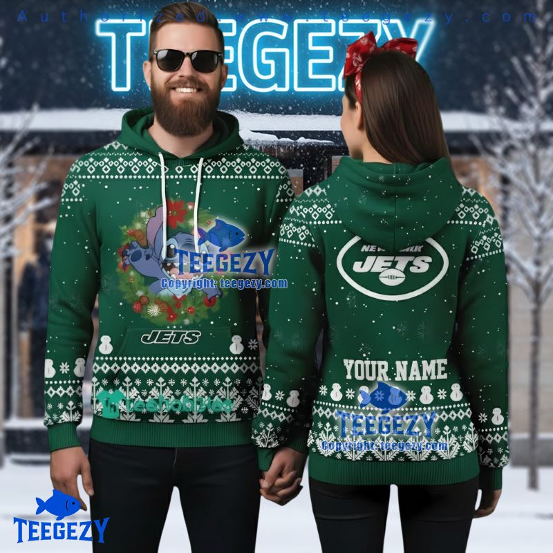 New York Jets Disney Stitch Wreath Ugly Christmas 3D Hoodie New York Jets Disney Stitch Wreath Ugly Christmas 3D Hoodie