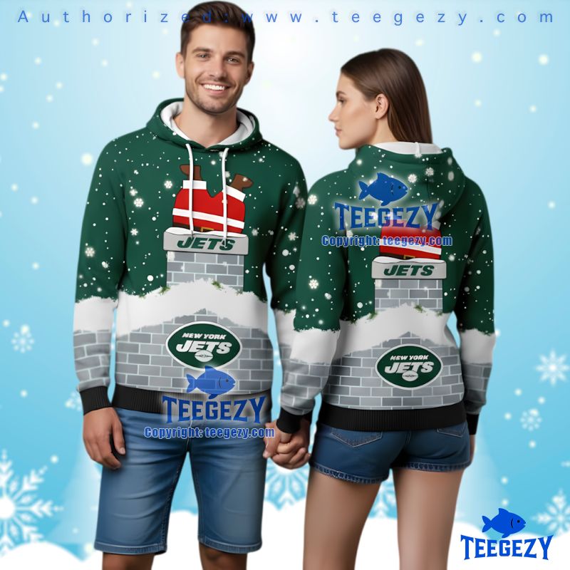 New York Jets Funny Santa Down Chimney Ugly Christmas 3D Hoodie