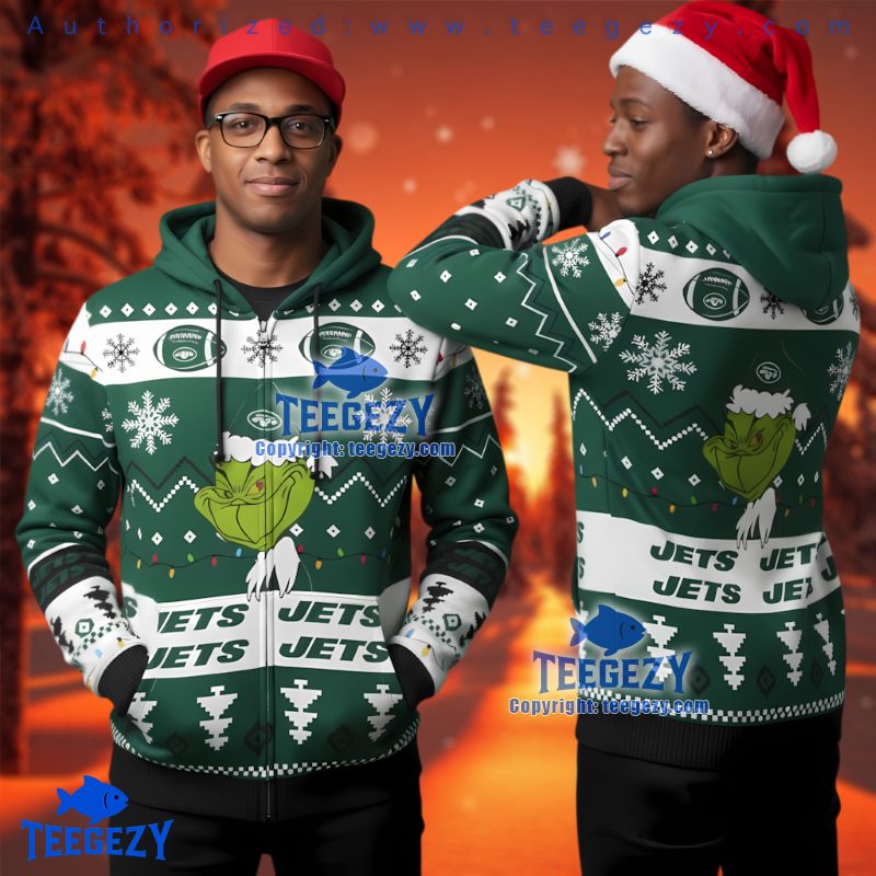 New York Jets Grinch Face Christmas Pattern Ugly 3D Hoodie Zip Up