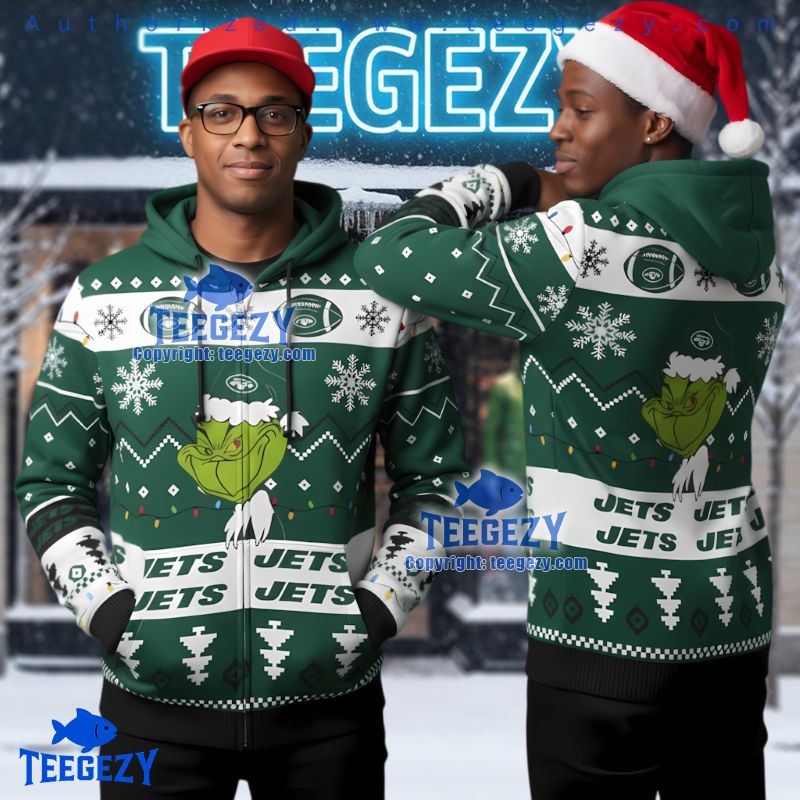 New York Jets Grinch Face Christmas Pattern Ugly 3D Hoodie Zip Up New York Jets Grinch Face Christmas Pattern Ugly 3D Hoodie Zip Up