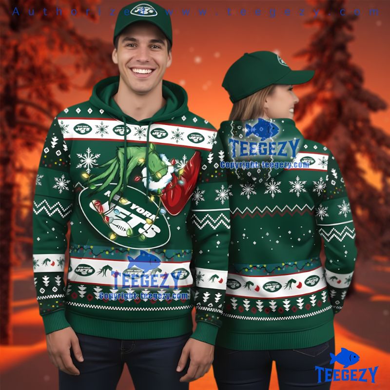 New York Jets Grinch Hand Ugly Christmas 3D Hoodie Holiday Fan Gift