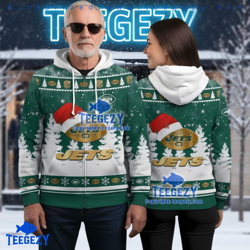 New York Jets Logo Santa Hat Ugly Christmas 3D Zip Hoodie New York Jets Logo Santa Hat Ugly Christmas 3D Zip Hoodie