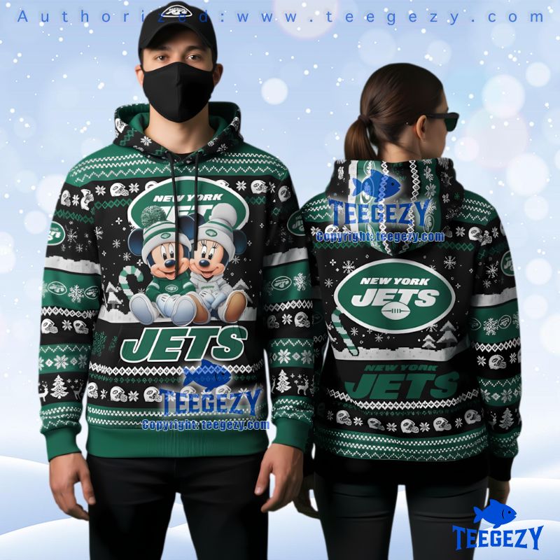 New York Jets Mickey Minnie Mouse Christmas 3D Pullover Hoodie