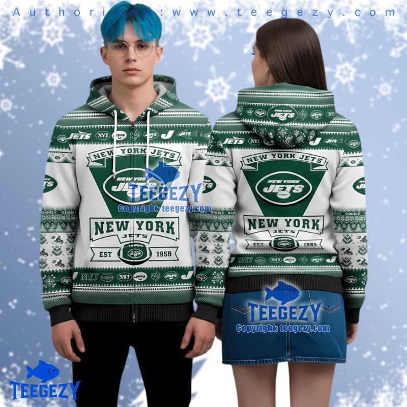 New York Jets Retro Logo Christmas Pattern 3D Hoodie White Green