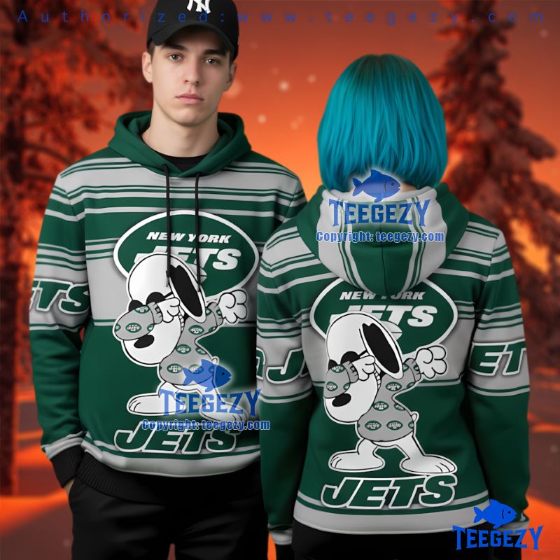 New York Jets Snoopy Dabbing Striped Pattern 3D Pullover Hoodie