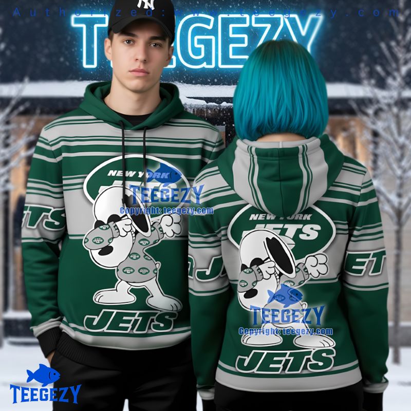 New York Jets Snoopy Dabbing Striped Pattern 3D Pullover Hoodie New York Jets Snoopy Dabbing Striped Pattern 3D Pullover Hoodie