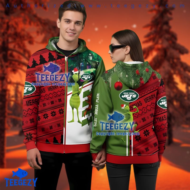 New York Jets The Grinch Christmas Split Ugly 3D Hoodie Full Zip