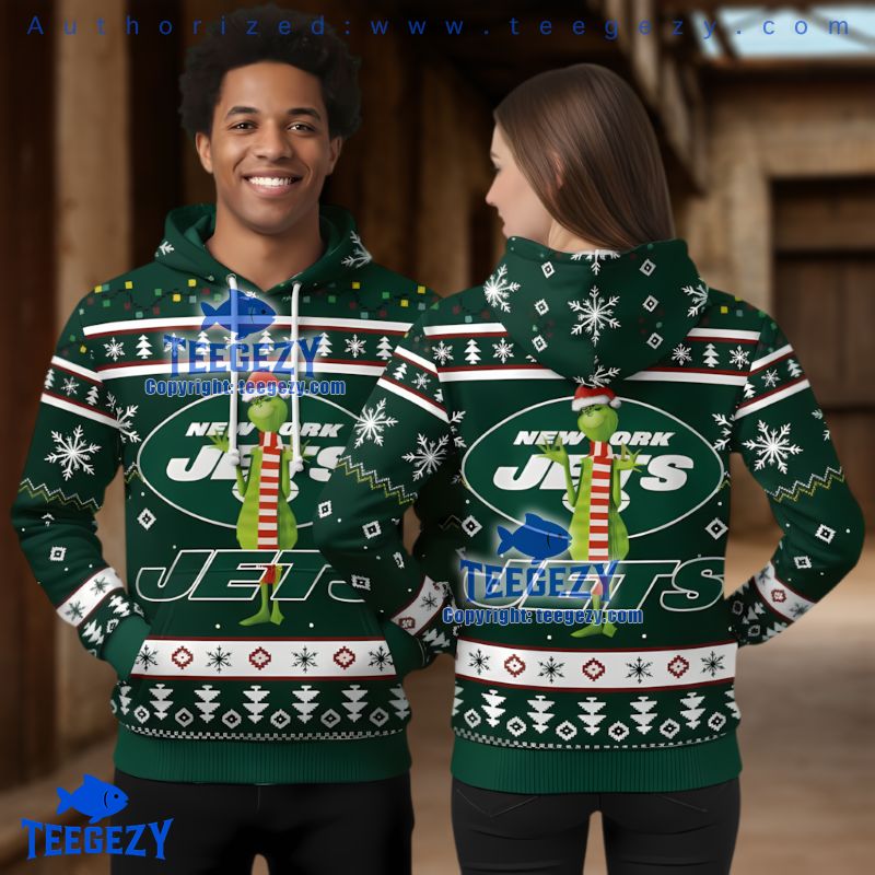 New York Jets The Grinch Santa Hat Ugly Christmas 3D Hoodie