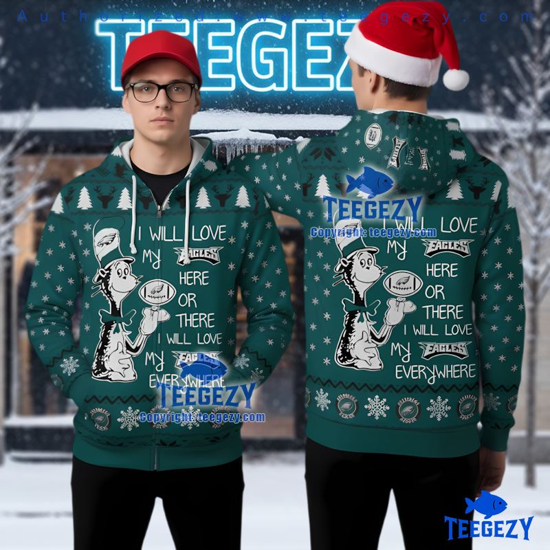 Philadelphia Eagles Cat In Hat Ugly Christmas 3D Zip Hoodie