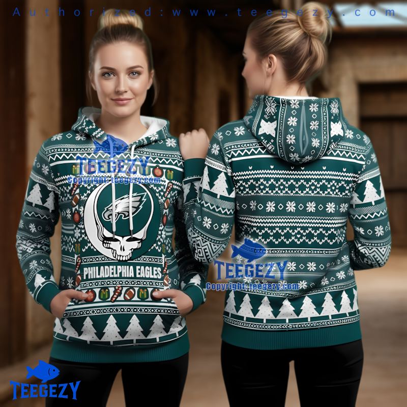 Philadelphia Eagles Grateful Dead Ugly Christmas 3D Hoodie Men Women Philadelphia Eagles Grateful Dead Ugly Christmas 3D Hoodie Men Women