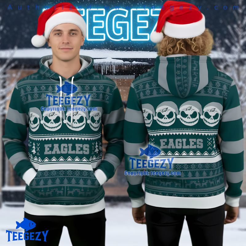 Philadelphia Eagles Jack Skellington Ugly Christmas 3D Hoodie Santa Hat