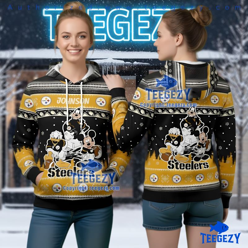 Pittsburgh Steelers Disney Mickey Donald Goofy Ugly Christmas 3D Hoodie