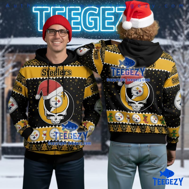 Pittsburgh Steelers Grateful Dead Stealie Ugly Christmas Full Zip 3D Hoodie