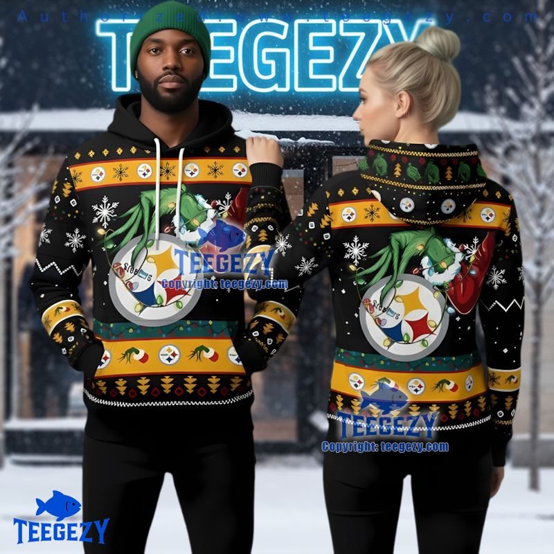 Pittsburgh Steelers Grinch Light Christmas 3D Ugly Hoodie Men Women