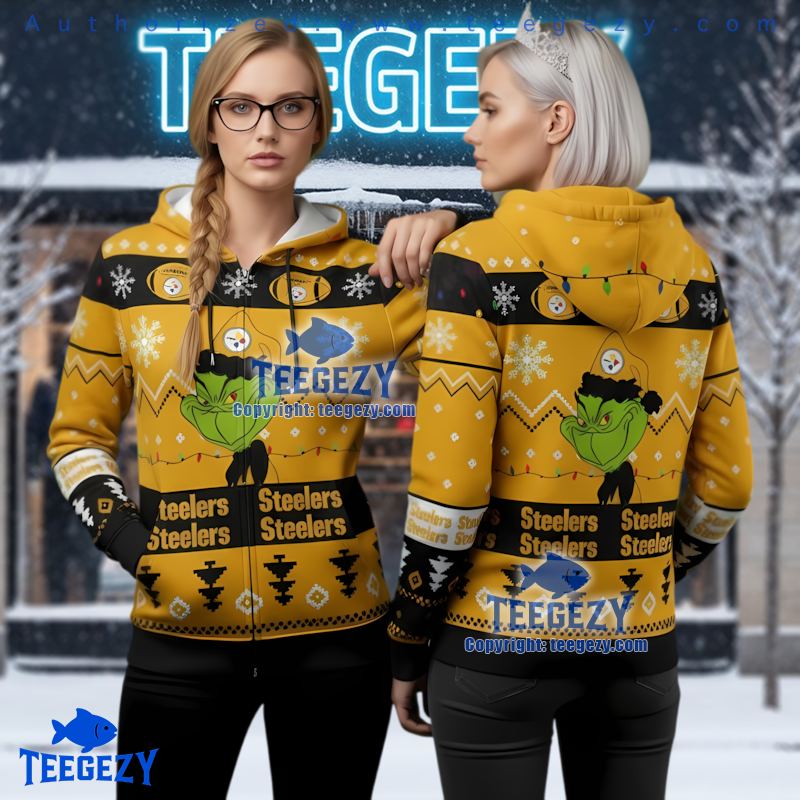 Pittsburgh Steelers Grinch Smile Ugly Christmas Full Zip 3D Hoodie